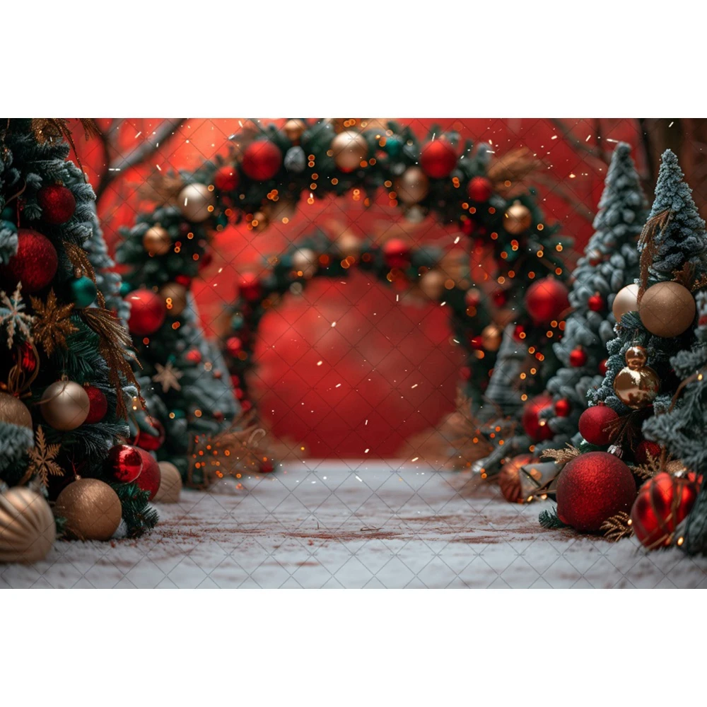 Red Christmas Background Photography Glitter Xmas Tree Arch Door Snowy Backdrop Winter Kids Birthday Party Studio Props image 2