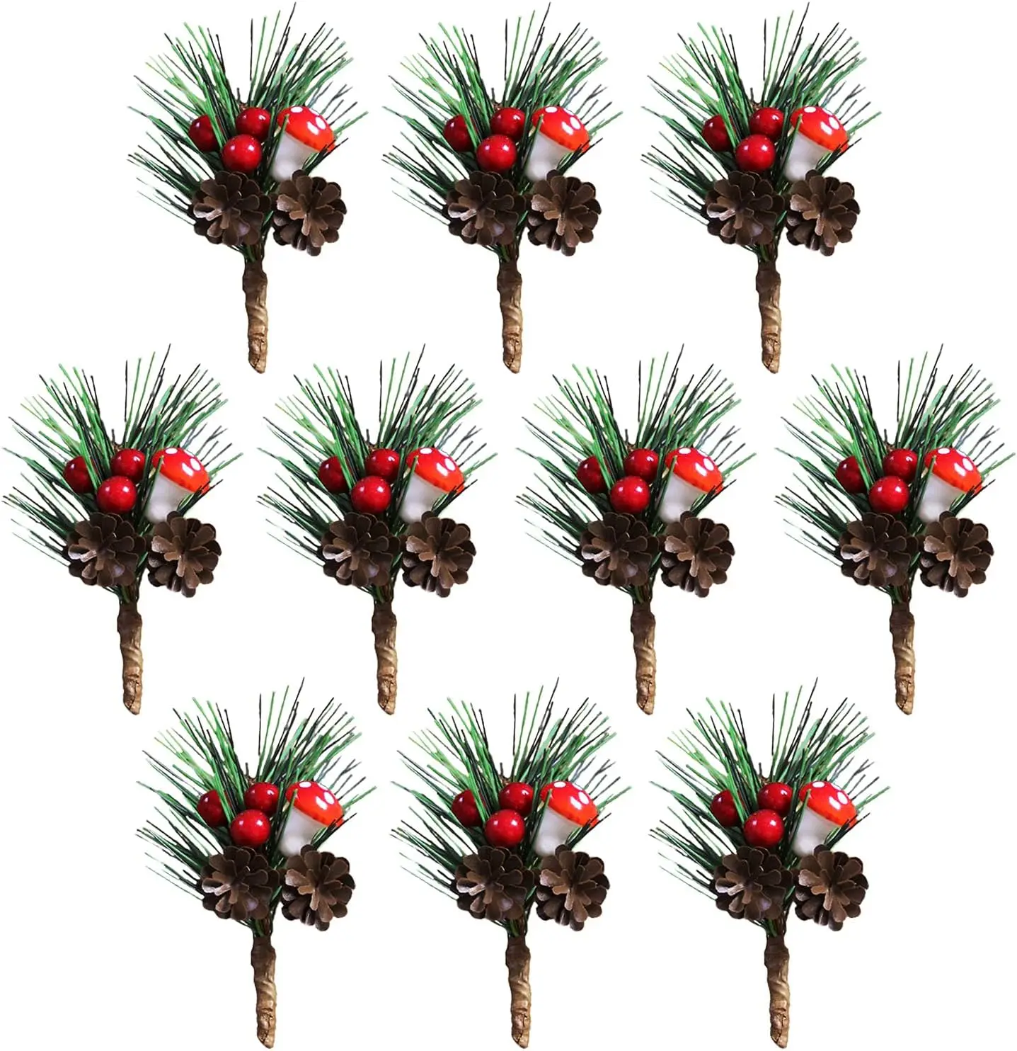 10pcs Christmas Pine Picks Artificial Red Berries Branches With Pinecone Stem 2025 New Year Navidad Party Decor