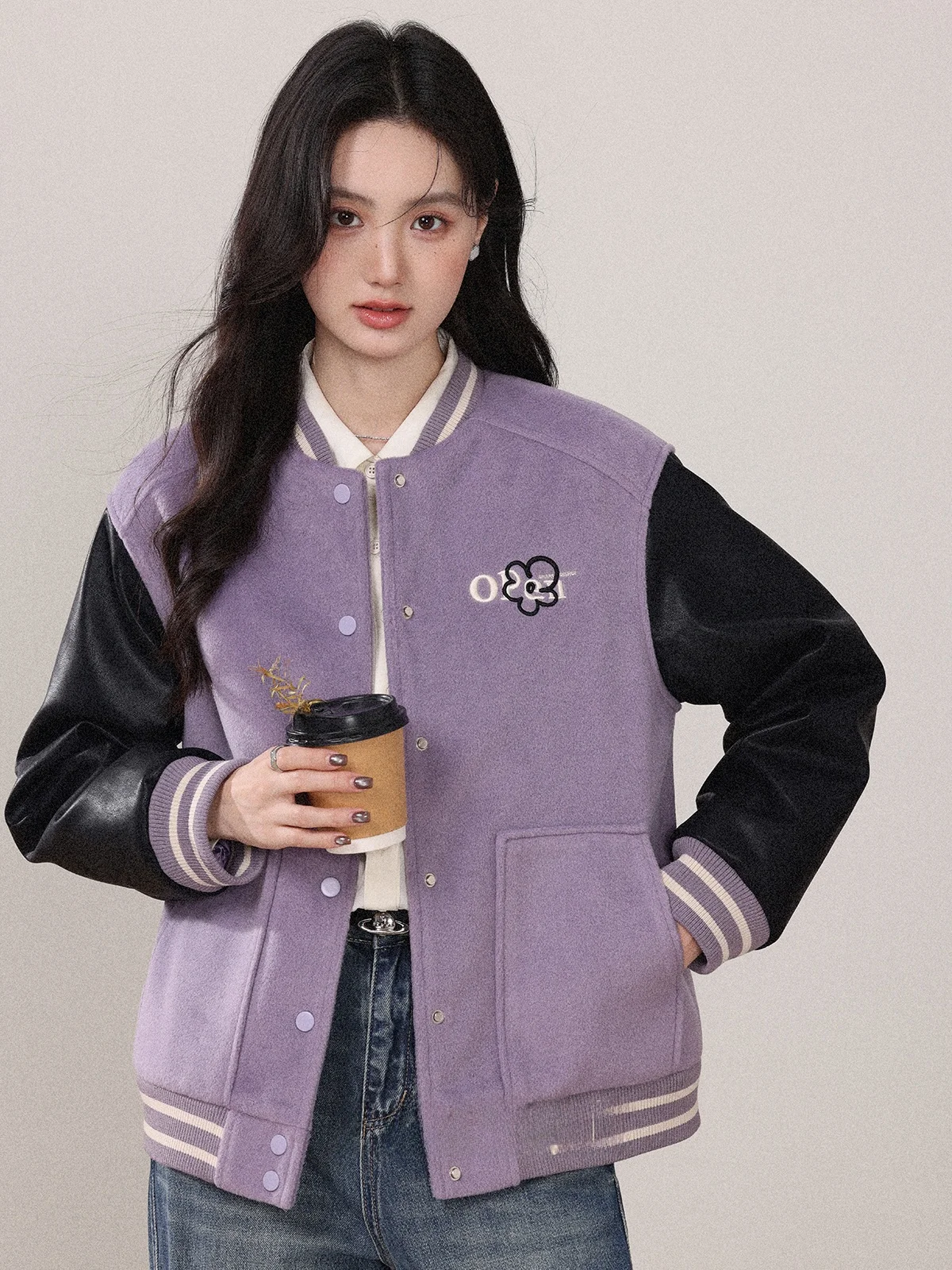 

Purple College Sle ort Baseball Jaet Women's Beautiful Outerwear Cact Size Ladies Faion Commute Wind Autumn Winter...