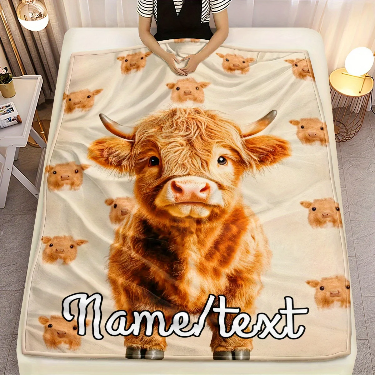 Personalized Highland Cowherd Fleece Blanket Soft, Warm and Lightweight _ Cute Cow Face Digital Print _ Suitable for Sofa Bed Tr