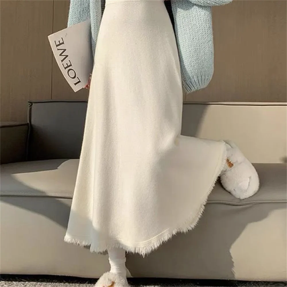 Autumn Winter Tassel Skirts Women Causal A line Knitted Elastic High Waist Comfortable Fashion Solid Korean Women Skirt 2026