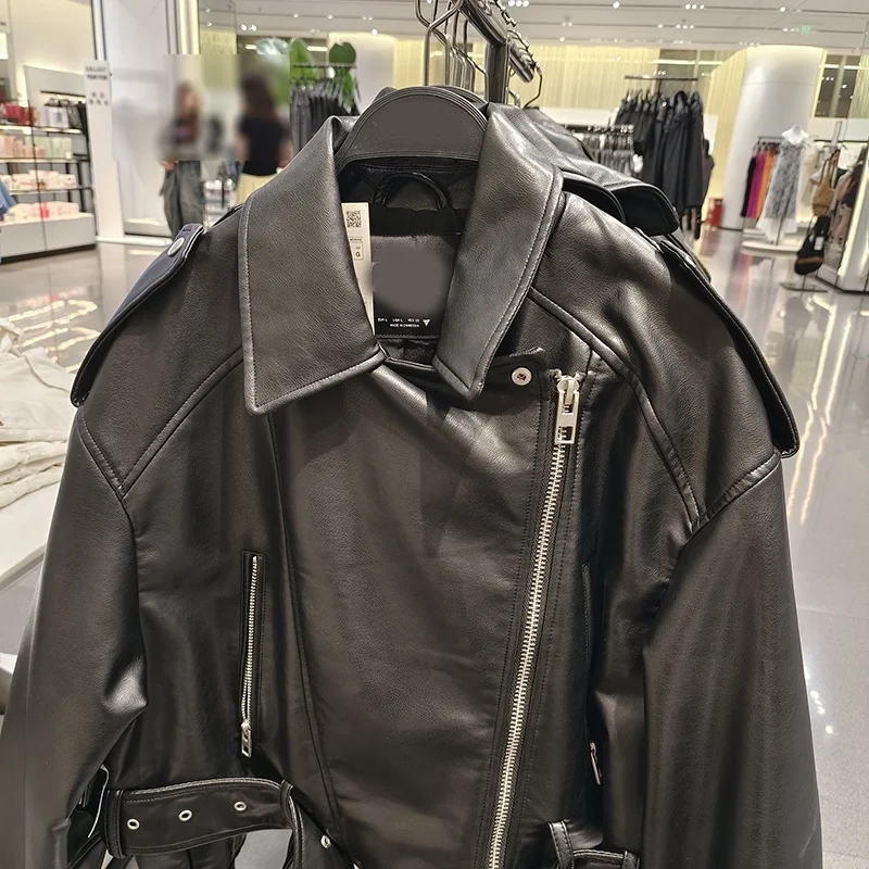 Herbst Damen Einfache Dry Motorrad Jaet PU Leder Mantel Reißverschluss Design Gürtel Pendeln Sle Lange Sve ort Länge