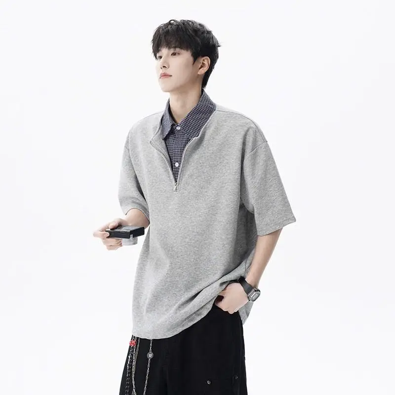 Men's Half Zip Short Sleeve Sweatshirt Oversized Collared Plaid Patchwork Casual Pullover