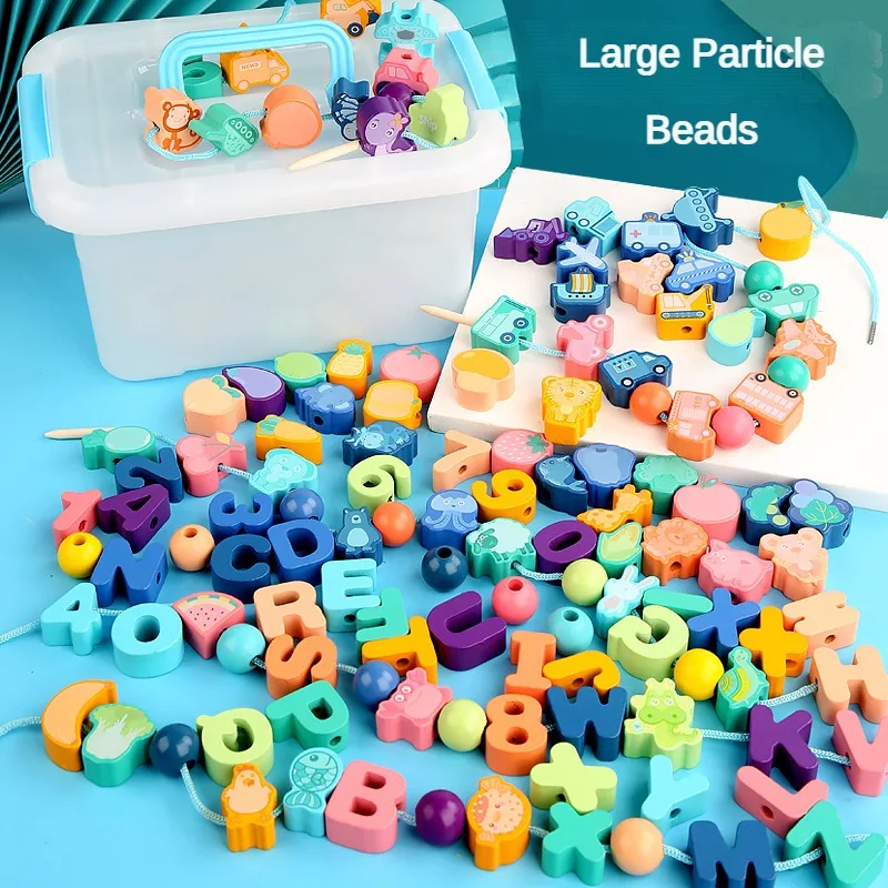 Montessori Wooden Beaded Toy Baby Thread Finger Flexibility Training Early Education Color Shape Digital Cognitive Puzzle Toy