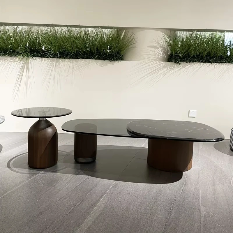 

Walnut veneer coffee table with tempered glass art deco hardwood living room furniture