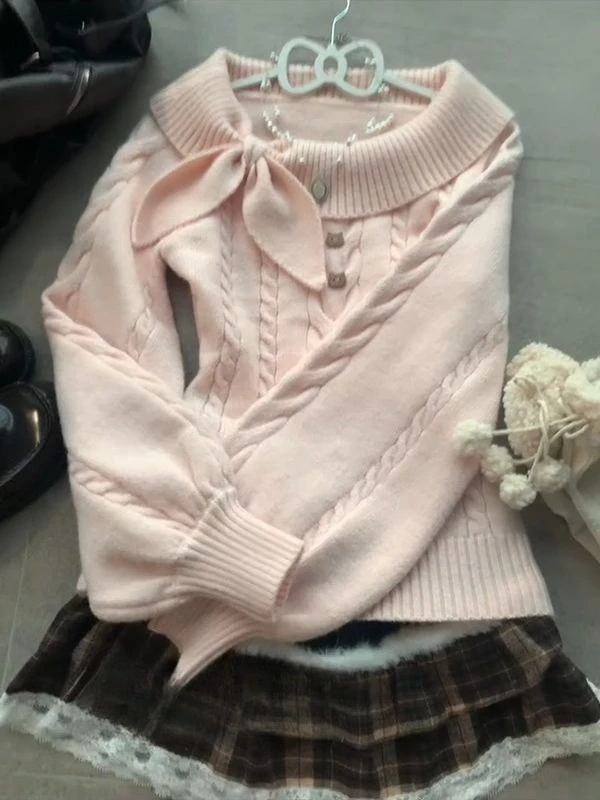Japanese Kawaii Knitted Sweater Women Casual Slim Y2k Clothing Long Sleeve Thin Long Sleeve Sweet Pullover Female Vintage Chic