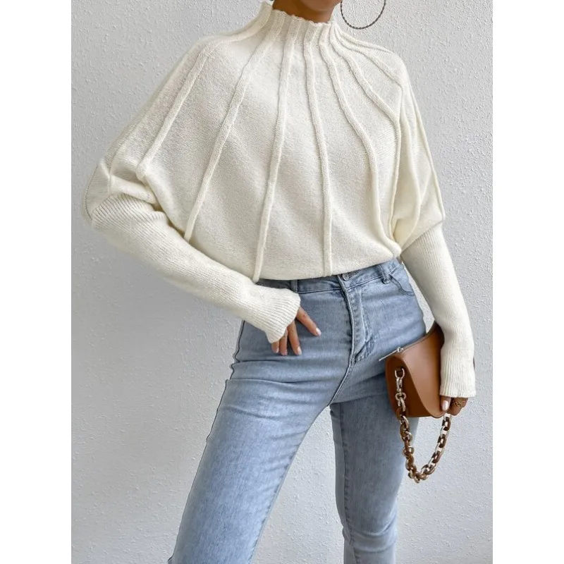 

2024 European and American New Half High Neck Solid Color All-match Knitted Pullover Batwing Sleeve Sweater Women's Outer Wear