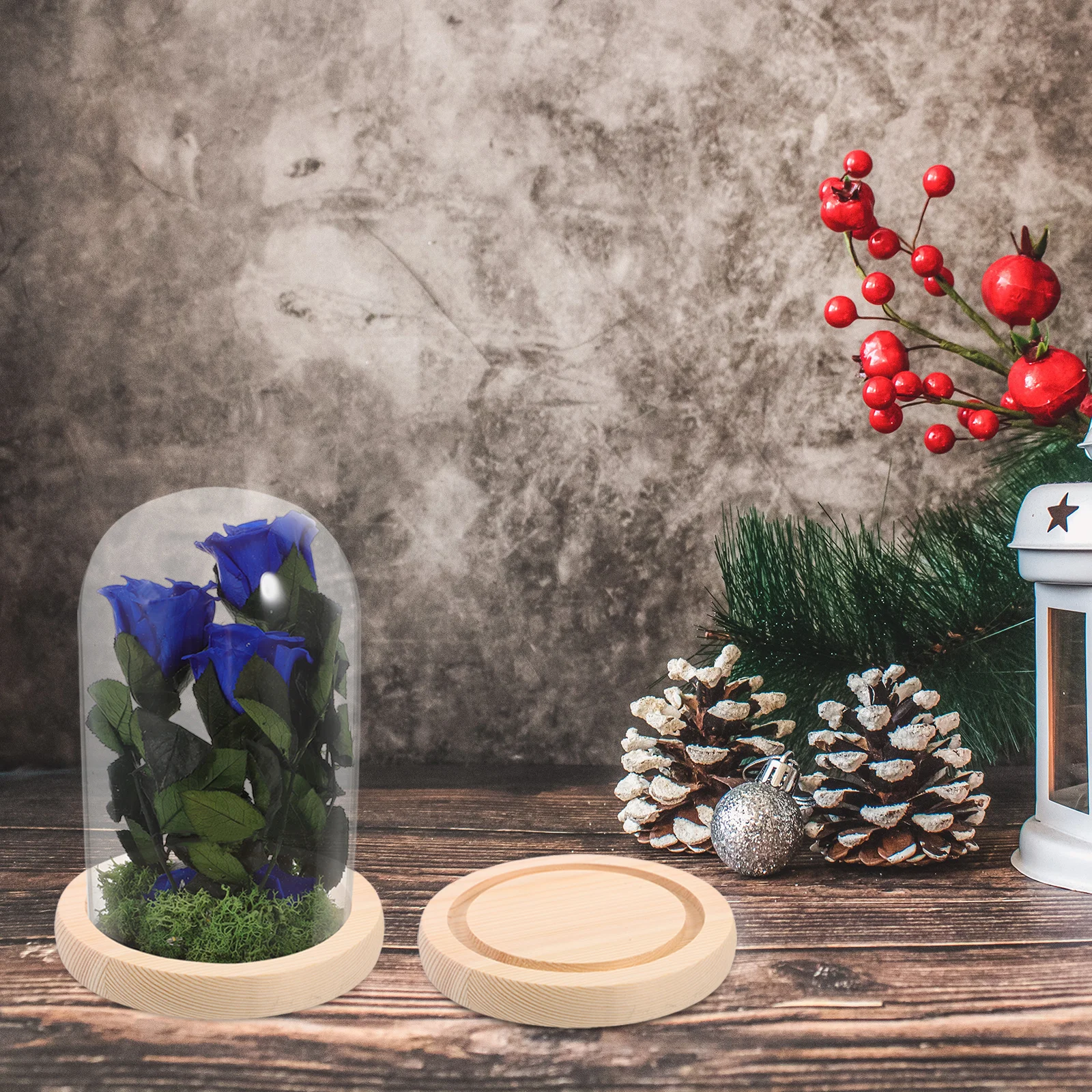 2pcs Glass Cloche Base With Wooden Tray For Succulents Dried Flowers Natural Wood Planter Saucer Dustproof Display Holder Home