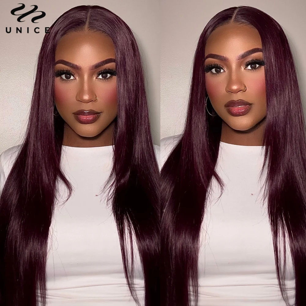 UNICE Hair Black Cherry Layered Cut Straight Wig 7x5 Pre Cut Pre Bleached Lace Front Human Hair Wig 180% Density