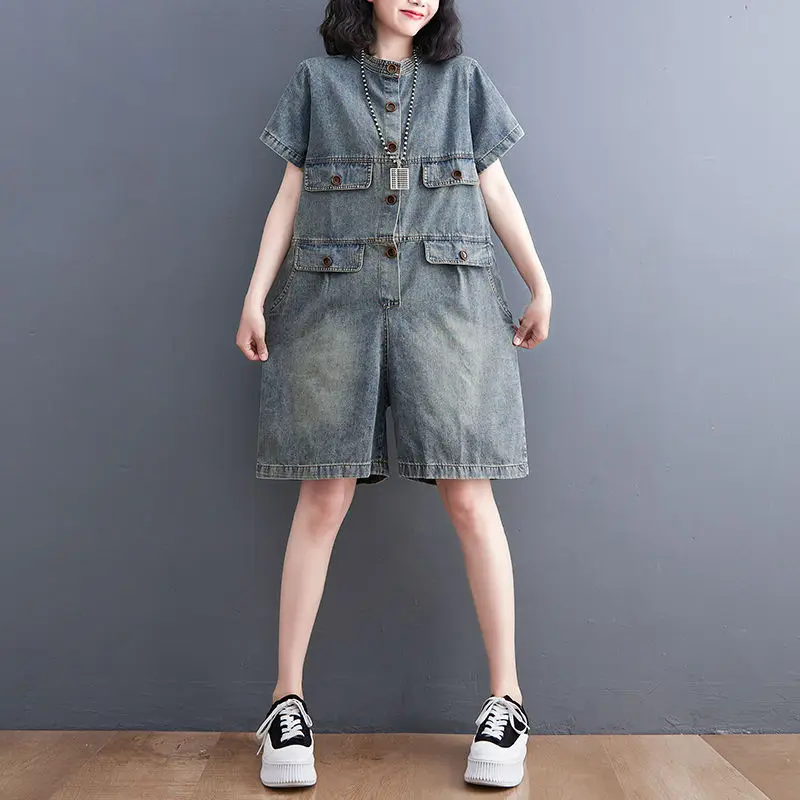 2024 Summer New Women's Denim Jumpsuit Loose Commuter Casual Retro High Waist Short Jumpsuit