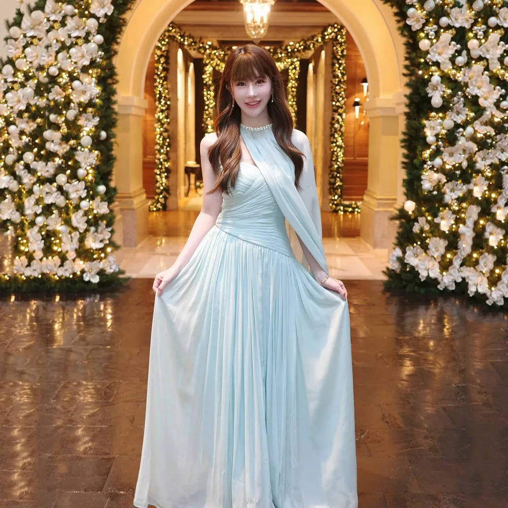 Galarity Light Blue Pleated Evening Dresses Women Halter Long Cape Women Formal Gown Birthday Party Dress Prom Dress Customizd