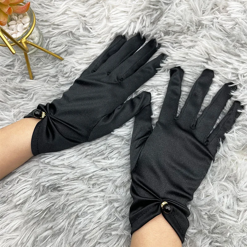Women's Short Satin Elastic Etiquette Dress Gloves Elegant Pearl  Driving White Mittens Bridal Wedding Banquet Accessories