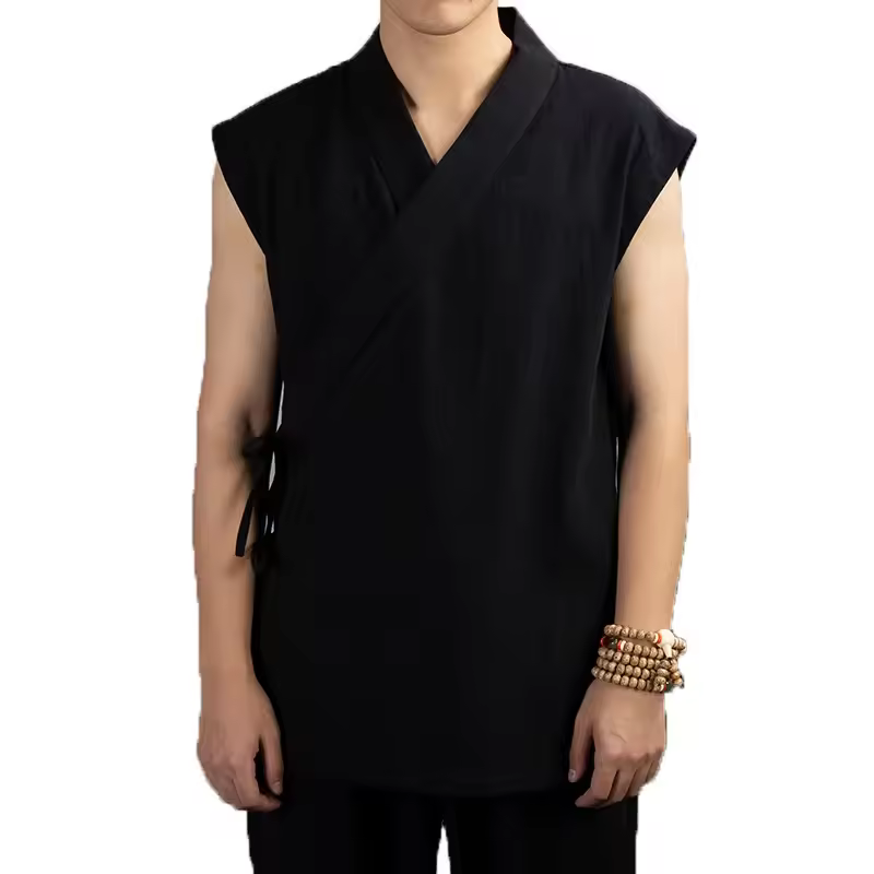 Ropa tradicional china Hanfu para hombre, chaqueta sin mangas de algodón y lino, traje Tang, Kimono, cárdigan, abrigo de punto abierto