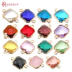 10PCS 18K Gold Color Brass Glass 2 Holes Square Connect Charms Pendants High Quality Necklace Earrings Diy Jewelry Accessories