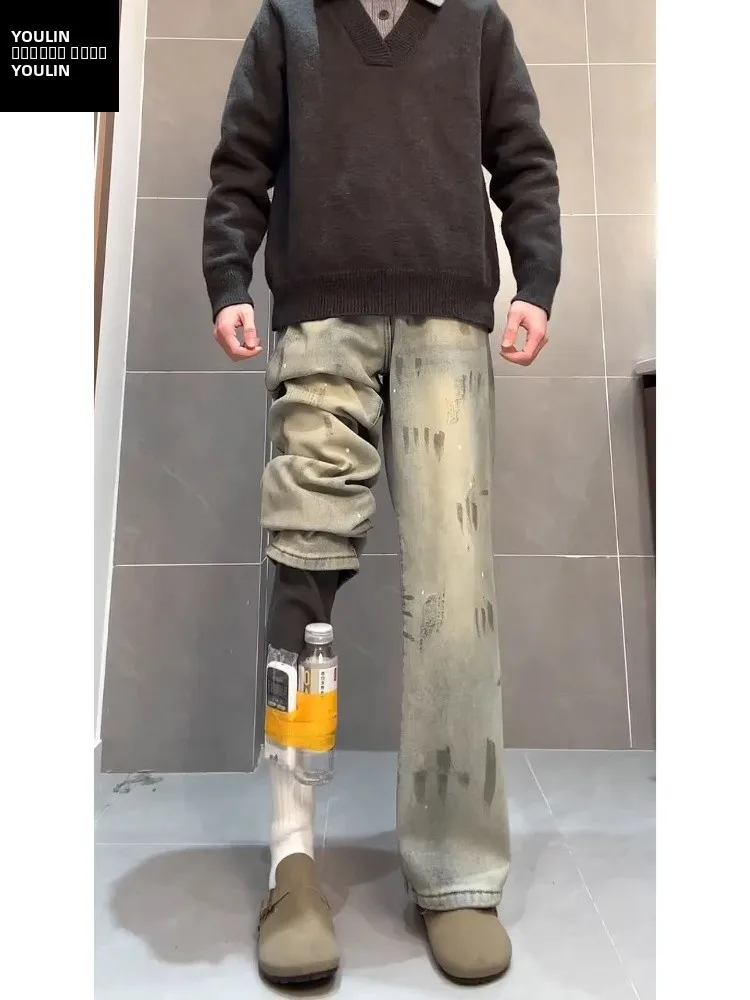 

American Sle Splaed Dyeing Dyed Knife Jeans Men Loose Conceal Slimming Fce Retro Straight Leg Micro Flared Pants