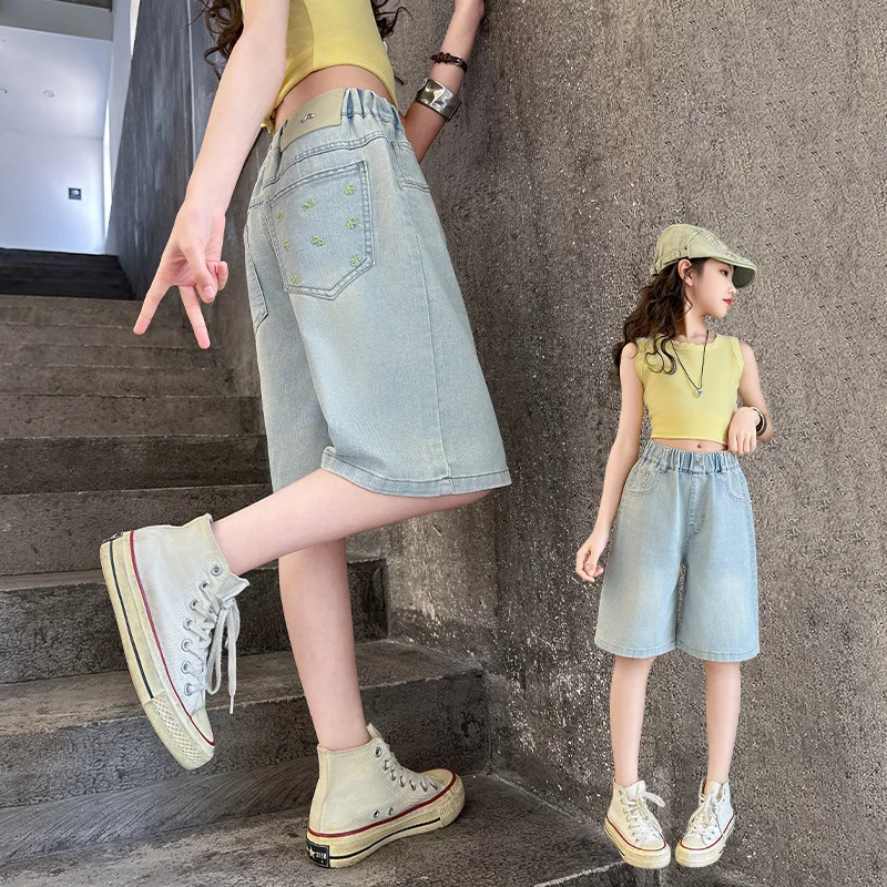 Summer Kids Denim Short Pants Five-point Trousers Children Denim Shorts with Pocket Bow for Tween Girl Casual Knee Length Jeans