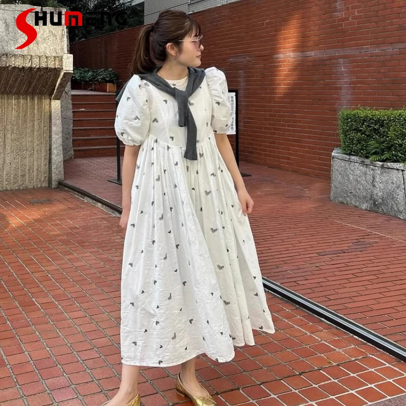 

2025 New Japanese Style White Sweet Heart-shaped Embroidery Long Dress Summer Girl's Elegant Puff Sleeve Loose Cotton Dress op