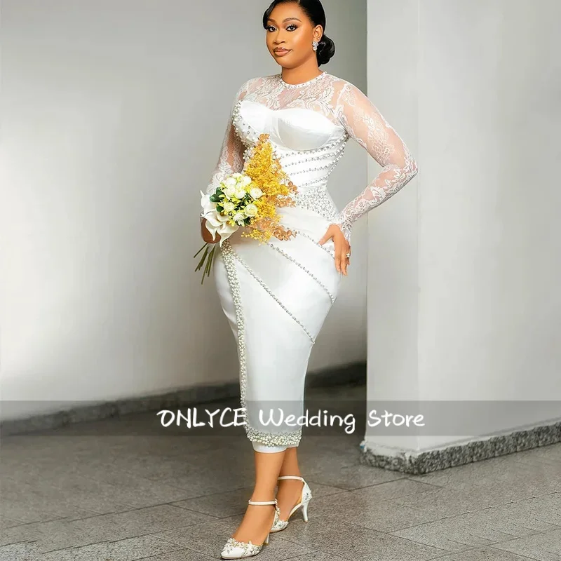 ชุดแต่งงานแบบสั่งตัดสำหรับเจ้าสาว คอทรงโอ แขนยาว ความยาวระดับชา ประดับมุกและลูกปัด ชุดเจ้าสาวแบบ Aso Ebi