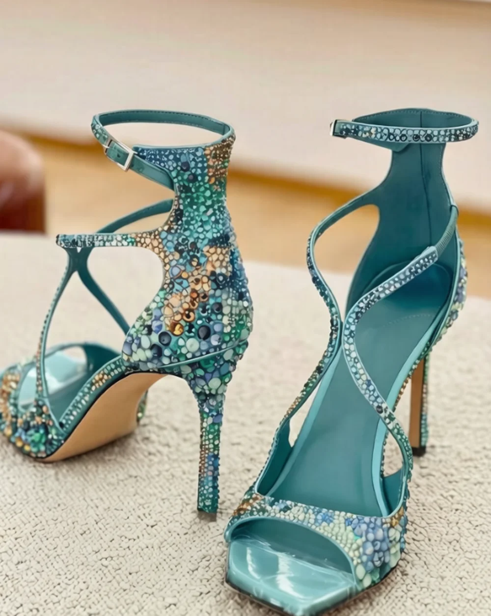 Elegant Rhinestone Square Open Toe Stiletto Sandals Hollow Cutout Crisscross Straps Ankle Buckle Gradient Crystals Design
