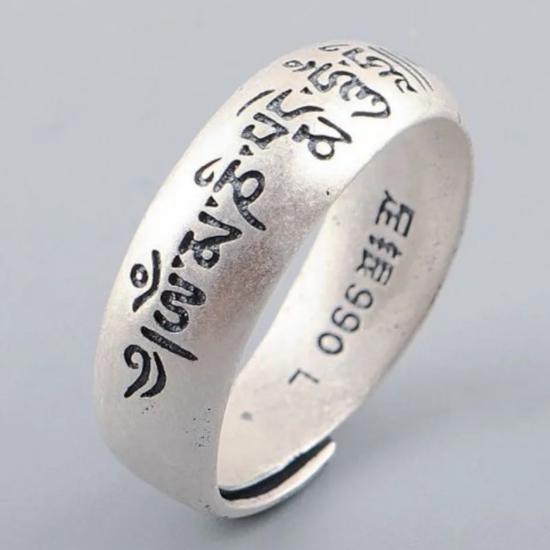 

S990 Sterling Silver Rings Tibet Buddha Six Character Mantra Retro Matte Pure Argentum Men's Women's Hand Jewelry Amulet