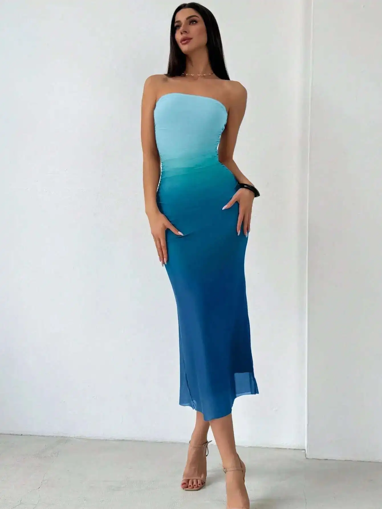 

New Mesh 2025 Gradient Pleated Sexy Tight Fitting Slit Strapless Long Dress Mini 2025 Summer Dress Robe Vestido Women Party