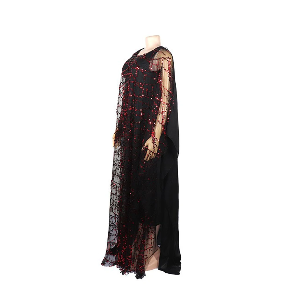 African Woman Dress Solid Sequins Decoration Polyester Chiffon Fabric Loose Plus Size Long Robe With Stretch Long Vest Dress