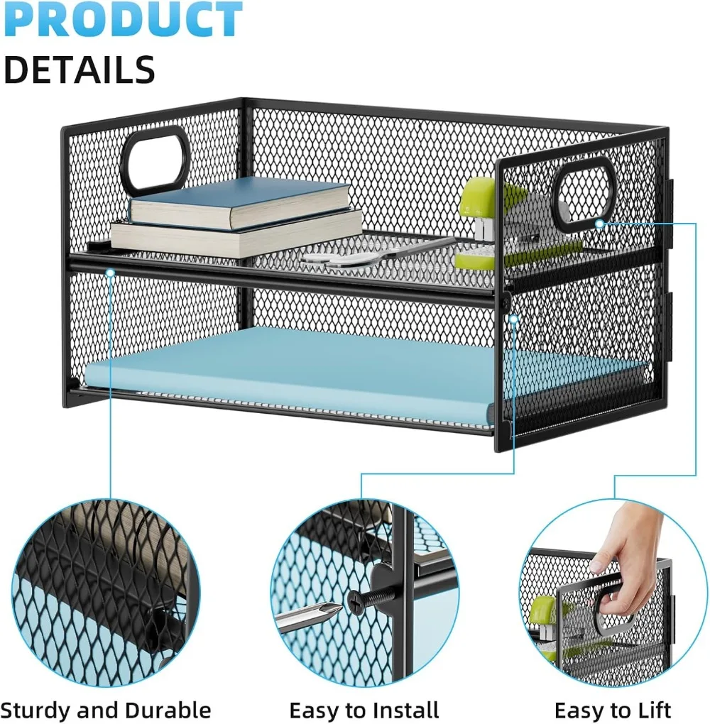 2 Tier Mesh Paper Organizer Letter Tray with Handle, File Sorter for Home Office Desk - Black - view 2
