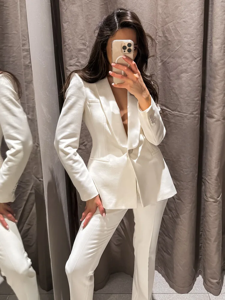 

HH 2026 Women Elegant Fashion Single Button Long Sleeve Blazer Jacket+Zipper Pockets High Waisted Micro Pants Solid 2-Piece Set