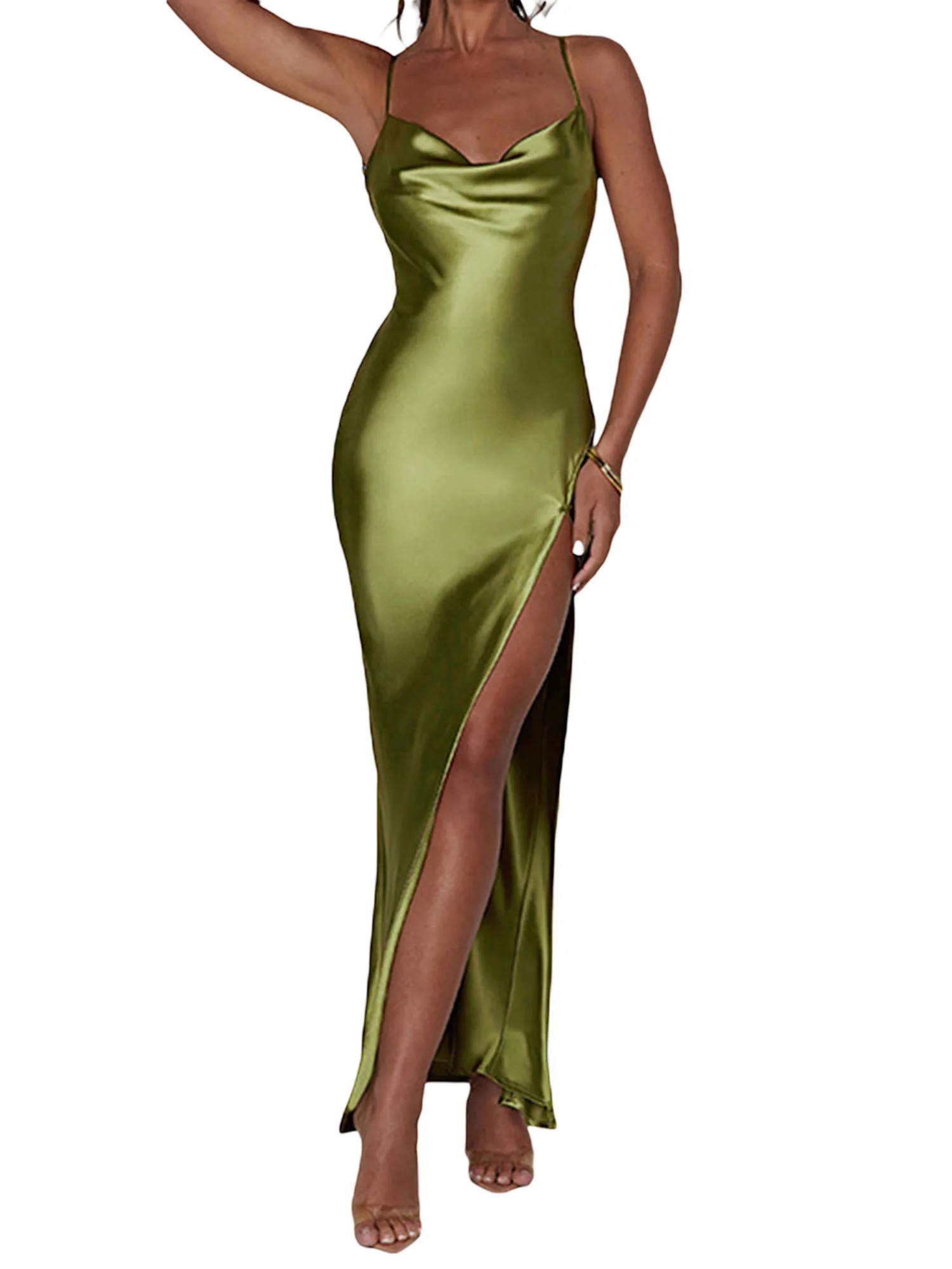 Vestido longo bodycon de cetim feminino com alça espaguete e gola alta vestido midi vestido de festa com divisão alta