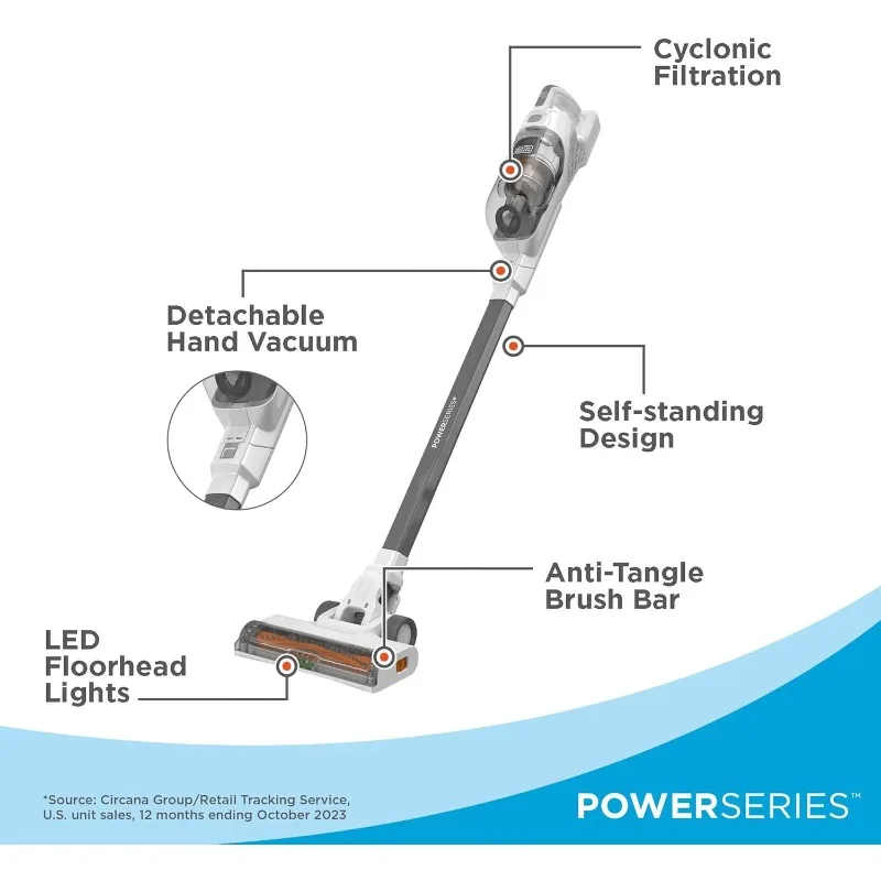BLACK+DECKER POWERSERIES+ 20V MAX Cordless Stick Vacuum Cleaner with LED Floor Lights,Lightweight,Multi-Surface (BHFEA520J),Gray