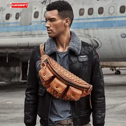 Bolso de pecho Retro de cuero genuino para hombre, bolso de viaje para montar en el pecho, bolsas de mensajero de hombro informales de piel de vaca de gran capacidad para hombre