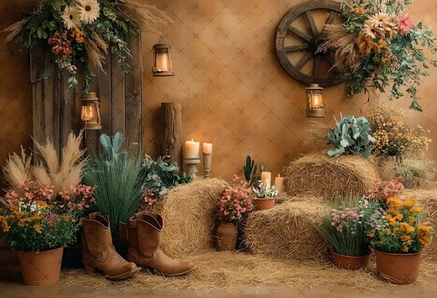 Mehofond التصوير خلفية الخريف قبعات رعاة البقر الغربية الغربية ريفي الحظيرة القش الاطفال عيد ميلاد صورة ديكور خلفية استوديو الصور