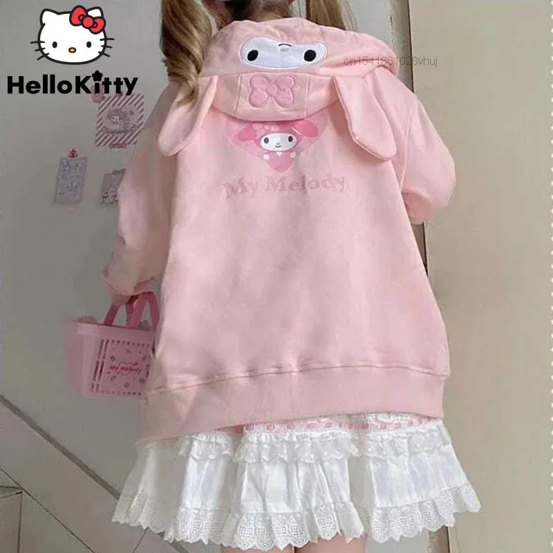 Sanrio Kuromi My Melody Embroidery Pink Hoodie Y2k Kawaii Cinnamoroll Zip Up Hoodie Women Cotton Cardigan Cute Sweatshirt Coat