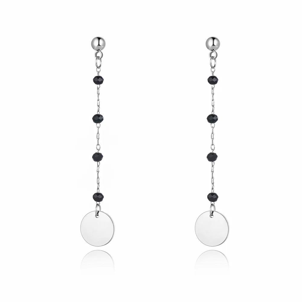 JeeMango Trendy Titanium Stainless Steel Black CZ Crystal Disc Dangle Earrings For Women Trendy Rhinestone Party Jewelry JE21073