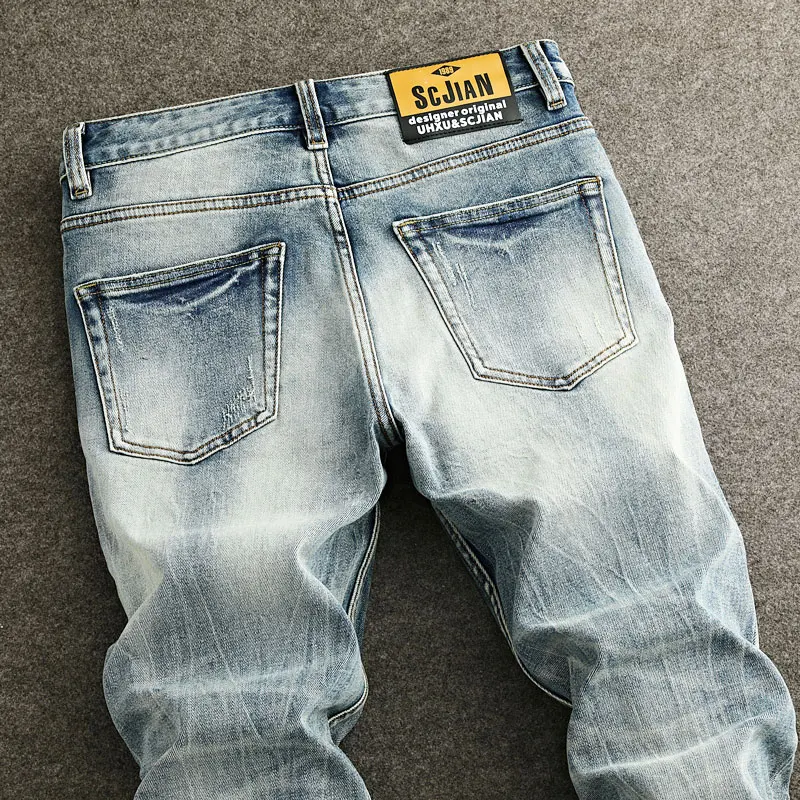 Fashion Vintage Men Jeans High Quality Retro Light Blue Stretch Slim Fit Ripped Jeans Men Straight Designer Denim Pants Hombre
