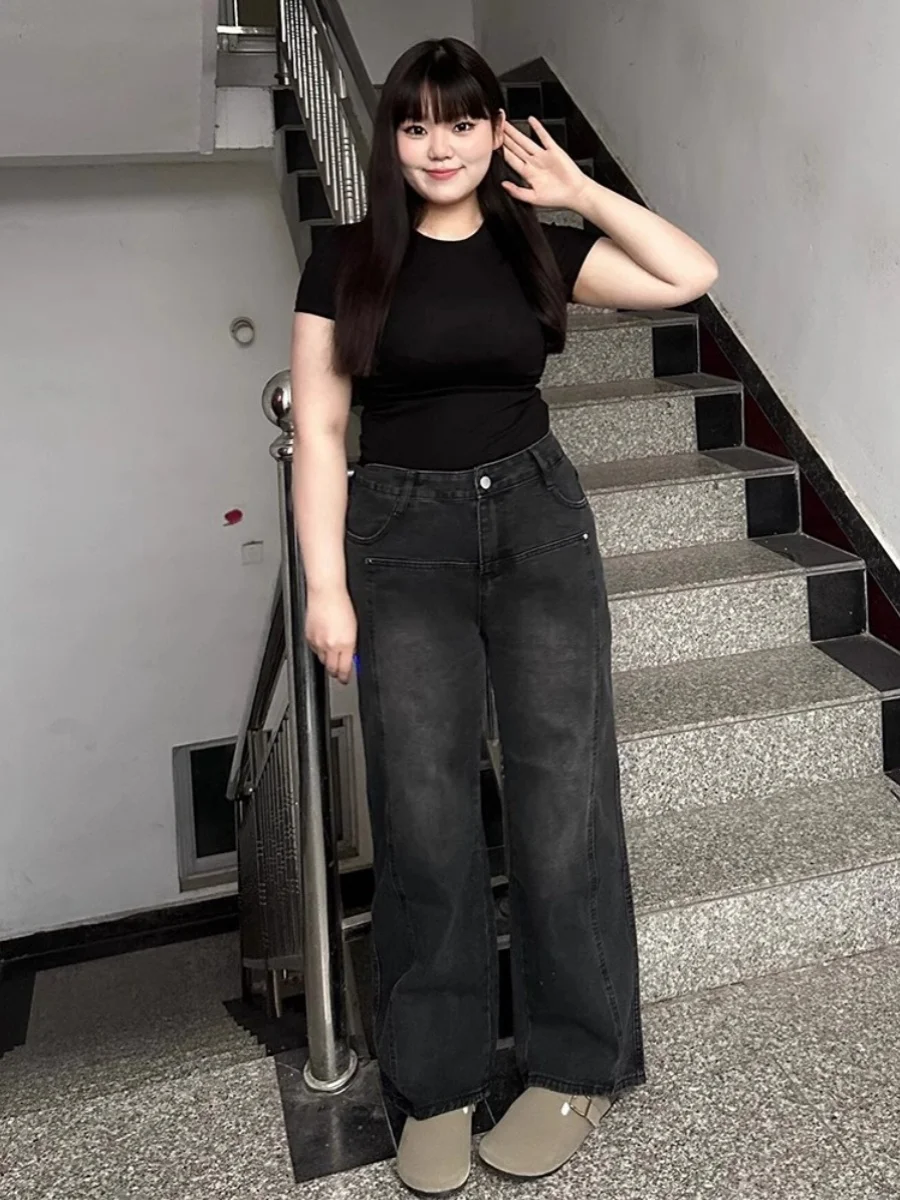 

plus Size Fleece Lined Thick American Retro Straight Leg Jeans Women Winter New Loose Slimming Wide Leg Long Pants
