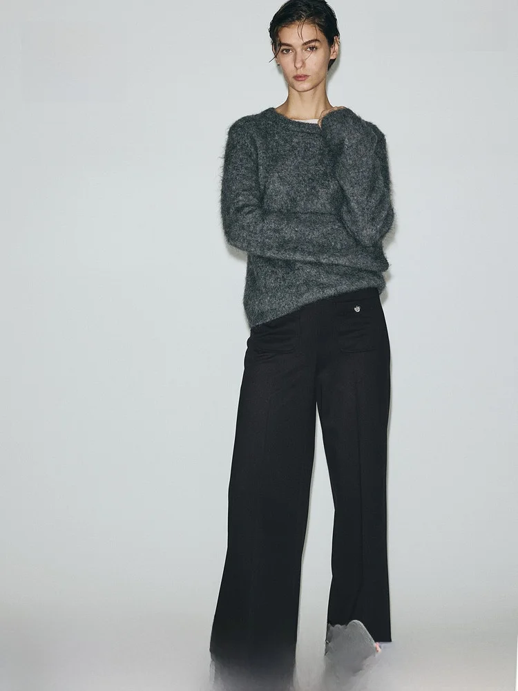 

Spring New Women's Straight Leg Trousers High Waist Busin Sle Polyester Fiber Casual Pants H&M Ladies Faion