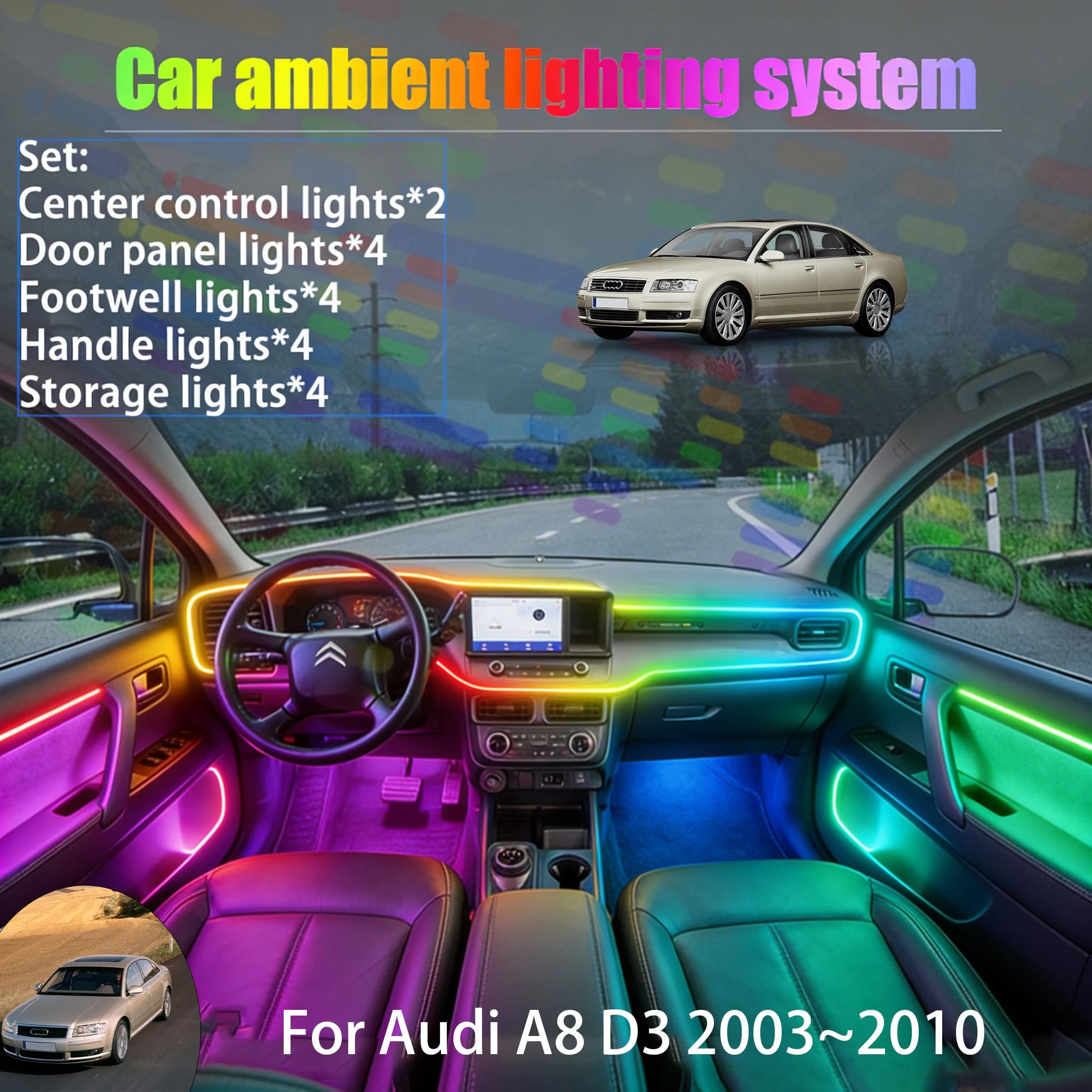 

Для Audi A8 D3 2003~2010 2/18 в 1: Комплект светодиодной подсветки салона и багажника USB RGB, атмосферная подсветка, автозапчасти