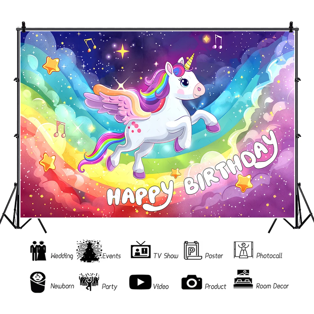 Unicorn Backdrop Rainbow Clouds Stars Glisten Child Birthday Party Decor Newborn Baby Shower Photo Custom Background Banner