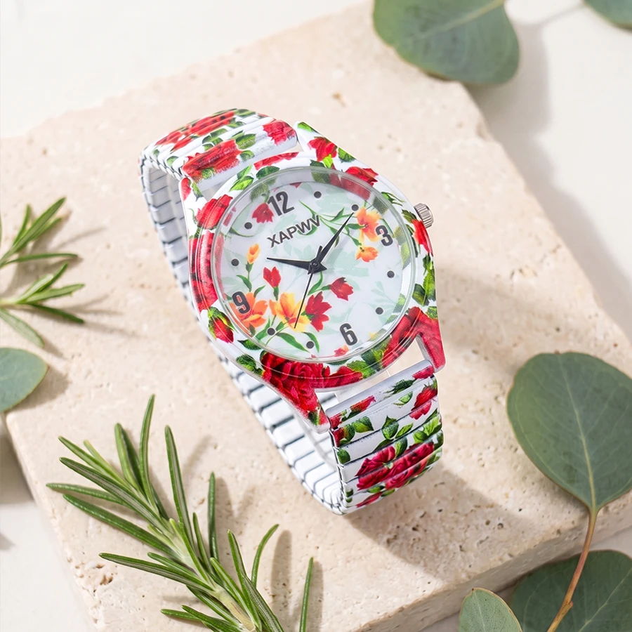 Couple Watch for Men and Women: Leaf & Rose Pattern Dial Elastic Strap Basic Pair