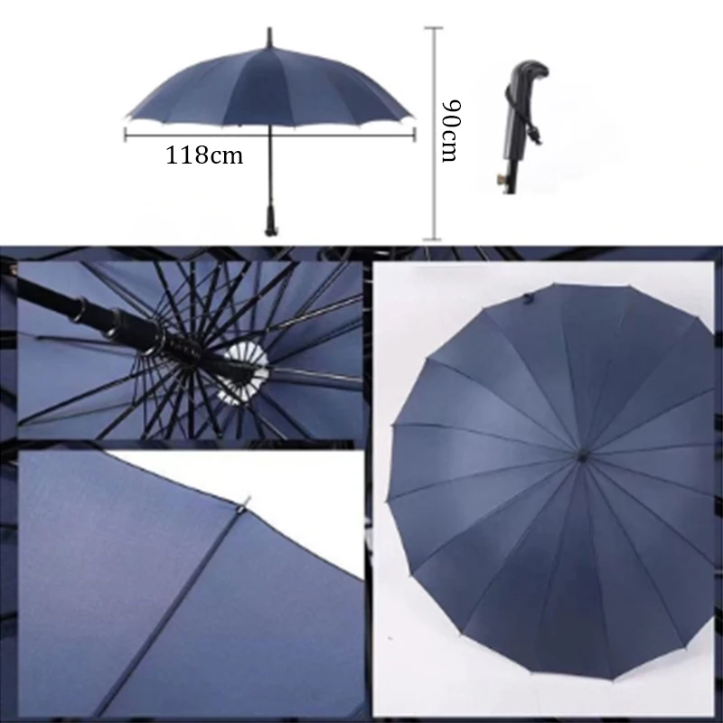 High Quality Navy Solid 16 Bone Long Handle Straight Umbrella Thumb Fully Automatic Business Adult Umbrella