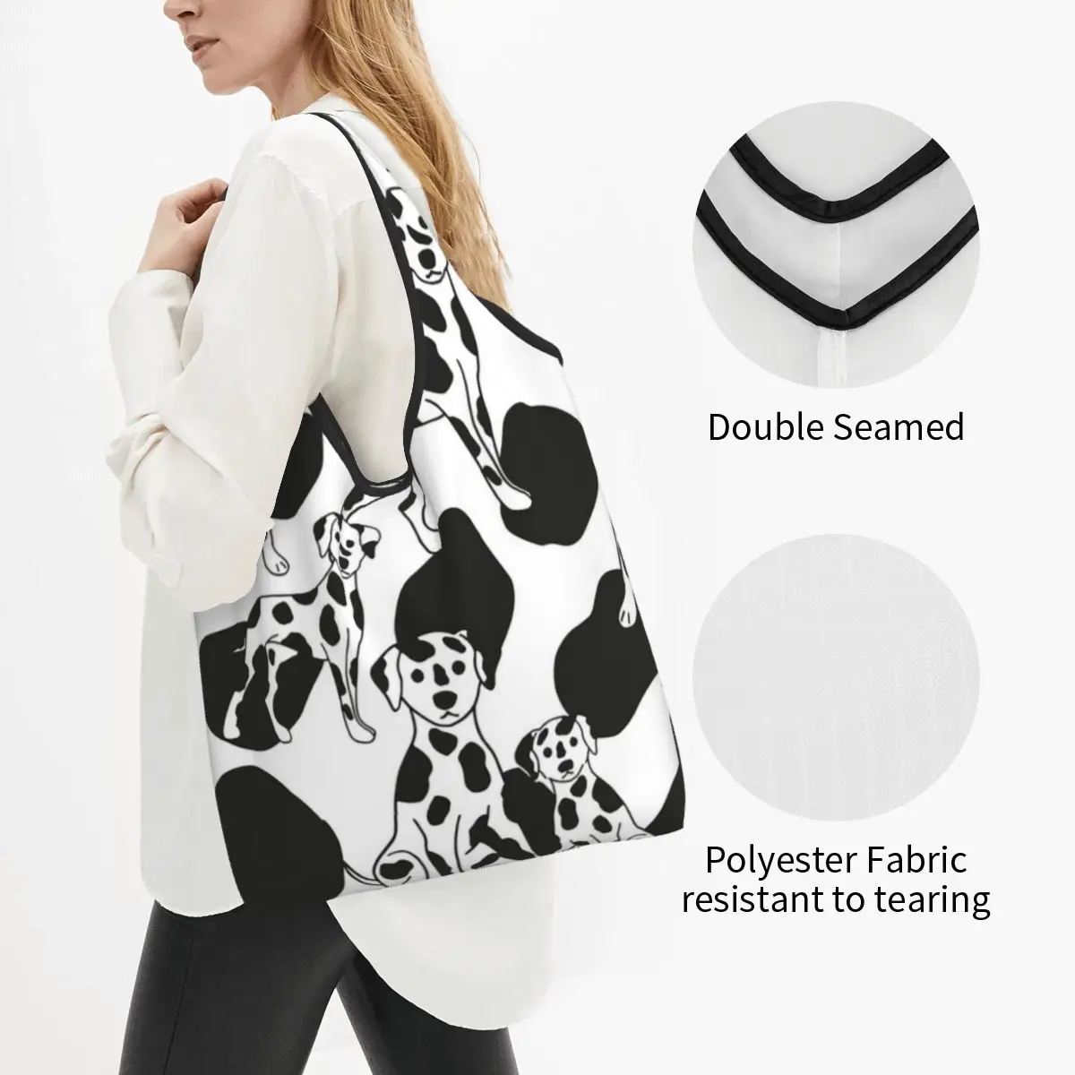 Spots And Dots Dalmatian Dalmatian Dog Print Portable Tote Shopping Bags Reusable Shopper Bag Groceries Handbag Shoulder Bag