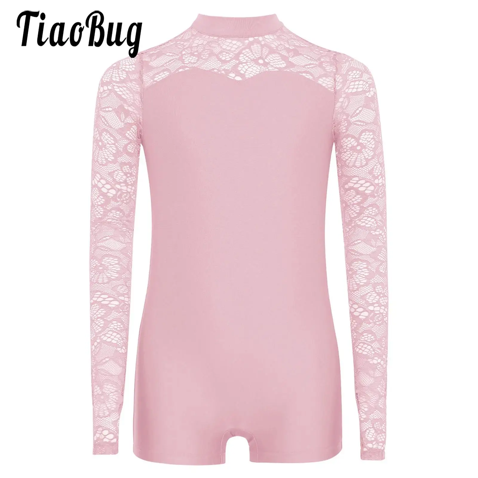 

Kids Girls Figure Skating Jazz Gymnastics Dance Jumpsuit Sheer Lace Long Sleeves Patchwork Bodysuits for Performance Competition