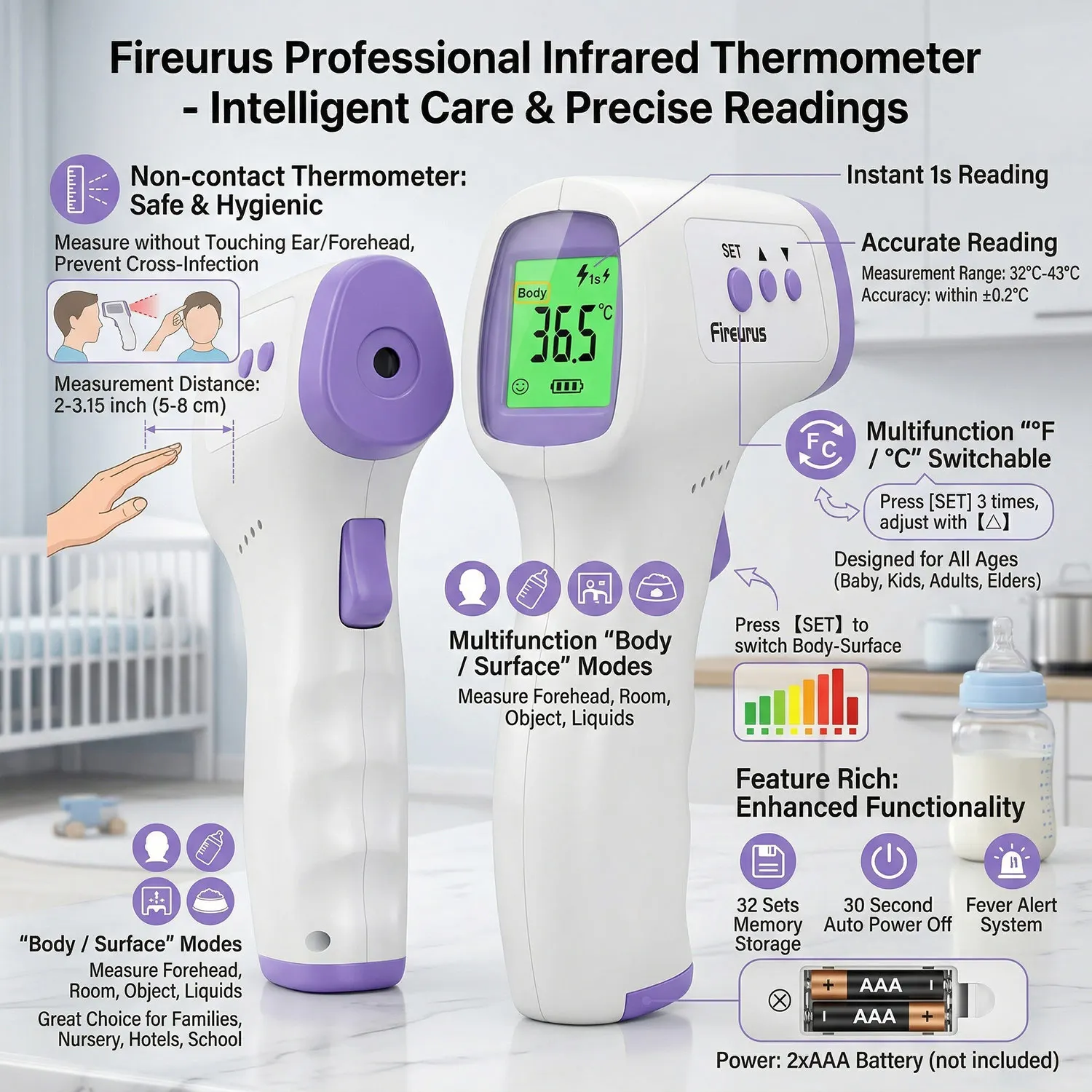Non-Contact Infrared Forehead Thermometer & LED Finger Oximeter Health Test Kit