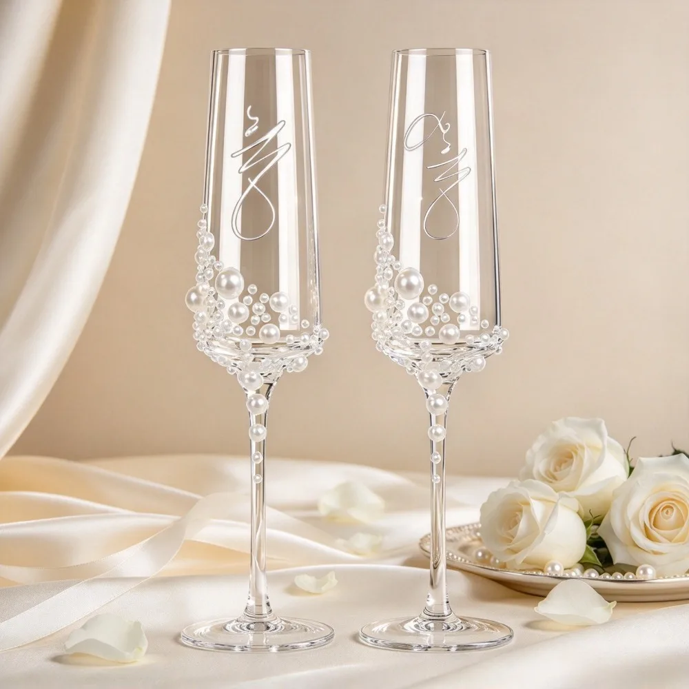 Elegant Crystal Pearl Champagne Glass Transparent Handwriting Design Goblet Wedding Anniversary Christmas Party Drinkware