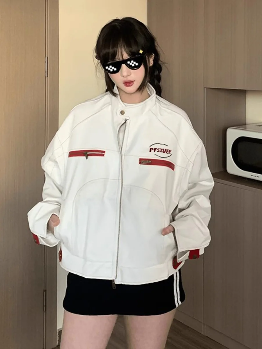 

American Retro White Stand Collar PU Leather Jaet Women's Spring Autumn Casual Motorcycle Sle Workwear Open Cardigan Coat