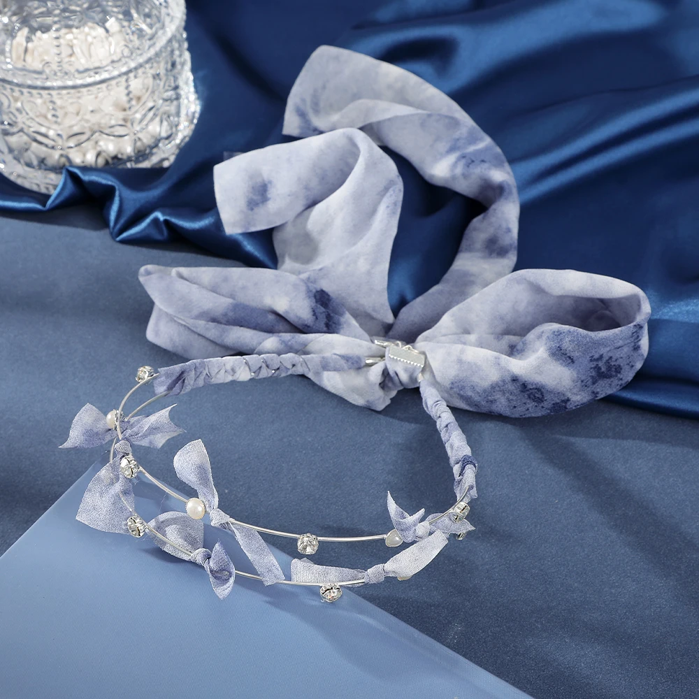 

Double Rhinestone Pearl Bow Ribbon Headband Dark Blue Hair Bands Head Hoops For Women Retro Summer Simple Headbands Accessories