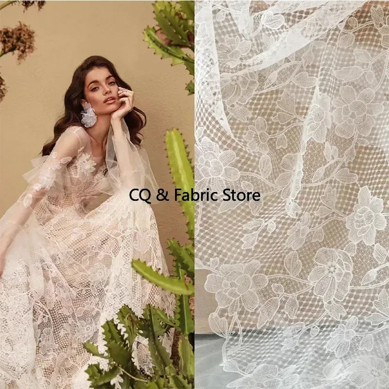 Off White Fish Silk Thread Embroidery Wedding Dress Lace Fabric Hollowed Out European and American Dress Lace Accessories