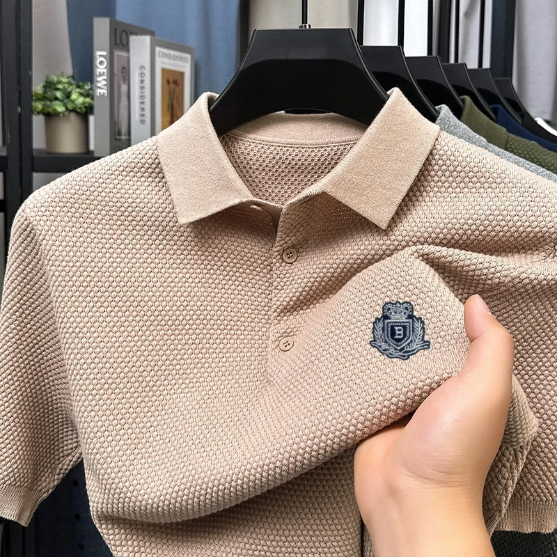 

New Men's Cotton100% Lapel Knitted Short Sleeve Polo Shirt Summer Wheat Ear Embroidery Casual T-Shirt Top Business Men's Clothes