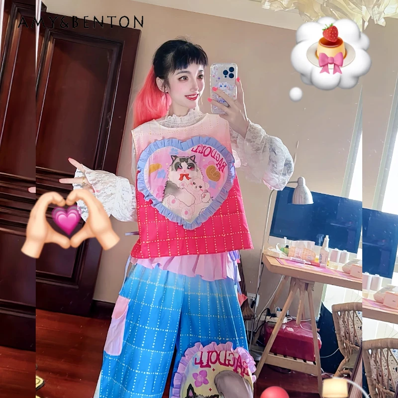 

Japanese Original Summer New Female Vest Y2K Cute Cartoon Print Splicing Trousers Childlike Casual Sweet Cool Fashion Suit Women